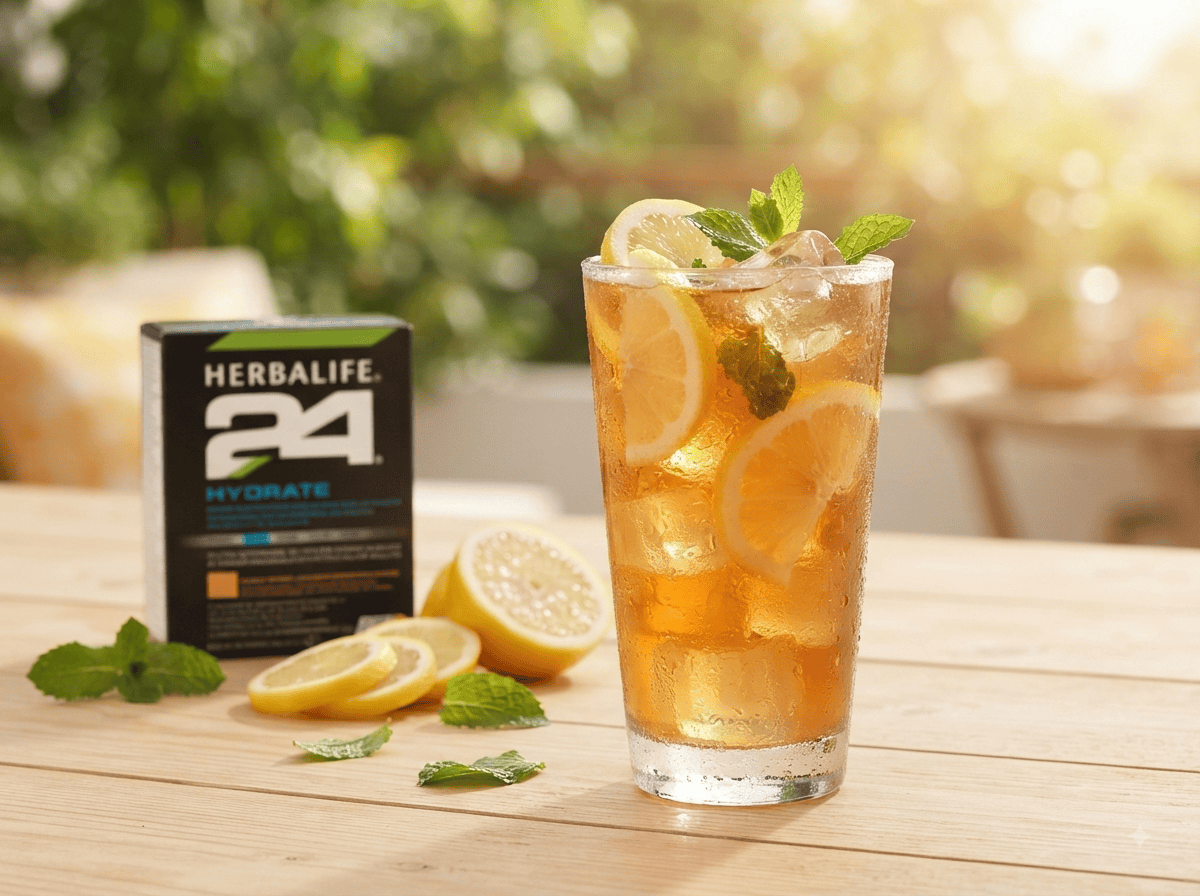 Glas mit Instant-Kräutergetränk und Herbalife24 Hydrate auf einem Holztisch mit Zitronen, Minze und einer Trinkflasche